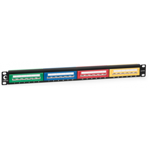 PLCOL-24-Cat.5e-Dual-IDC Патч-панель цветная, 19", 24 порта RJ-45, 5е, с задним органайзером Кабеус / Cabeus
